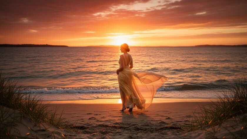 An epic moment of elegant Capel Sound boudoir photography for empowering coastal portraits, featuring a woman silhouetted against a golden sunset over Port Phillip Bay, soft light caressing her form, evoking strength and serene beauty.