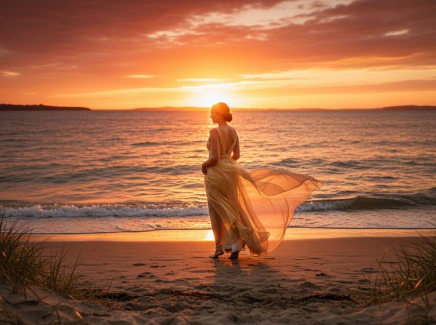 An epic moment of elegant Capel Sound boudoir photography for empowering coastal portraits, featuring a woman silhouetted against a golden sunset over Port Phillip Bay, soft light caressing her form, evoking strength and serene beauty.