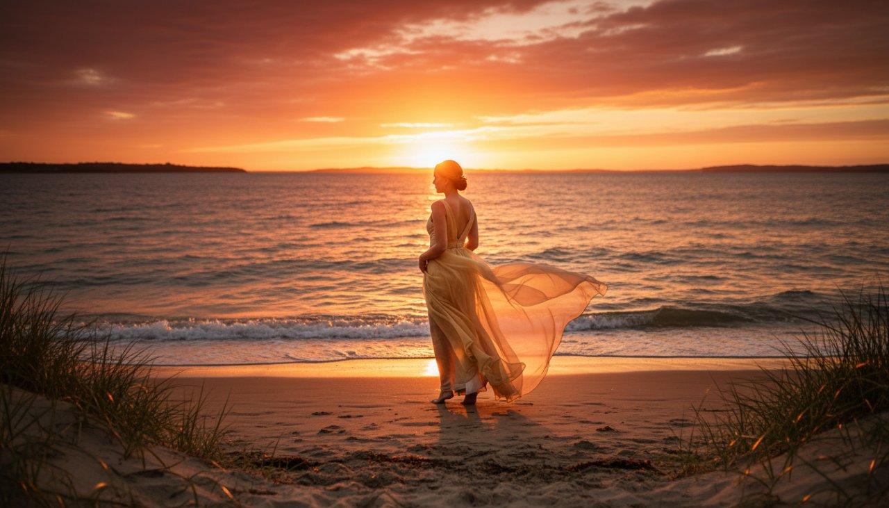 An epic moment of elegant Capel Sound boudoir photography for empowering coastal portraits, featuring a woman silhouetted against a golden sunset over Port Phillip Bay, soft light caressing her form, evoking strength and serene beauty.