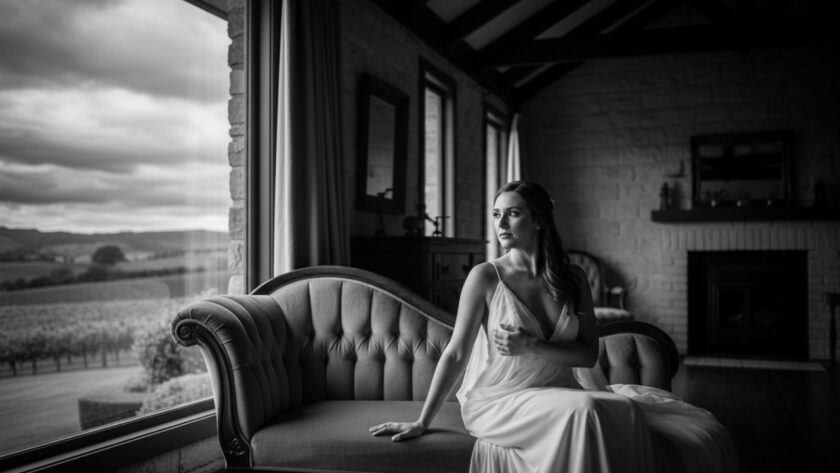 A captivating black and white portrait showcasing elegant & empowering boudoir photography Dixons Creek Victoria, featuring a woman softly illuminated by natural light, exuding confidence and grace in a rustic yet luxurious setting, with vineyards in the blurred background.