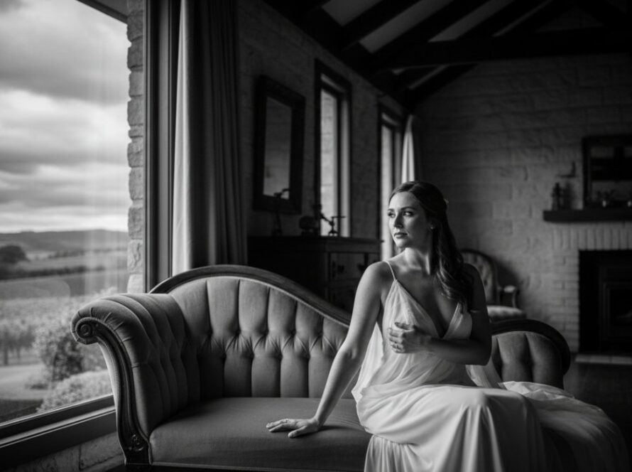 A captivating black and white portrait showcasing elegant & empowering boudoir photography Dixons Creek Victoria, featuring a woman softly illuminated by natural light, exuding confidence and grace in a rustic yet luxurious setting, with vineyards in the blurred background.