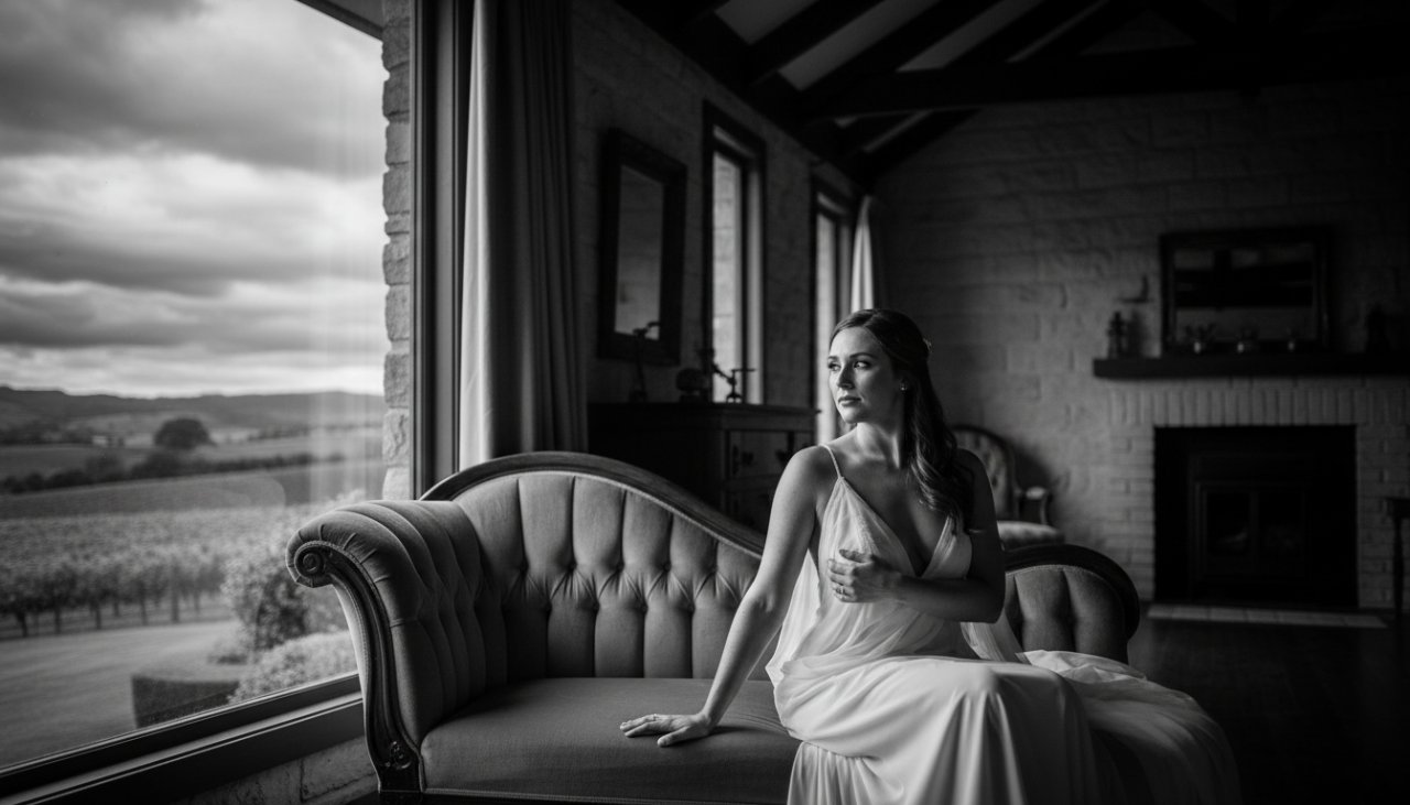 A captivating black and white portrait showcasing elegant & empowering boudoir photography Dixons Creek Victoria, featuring a woman softly illuminated by natural light, exuding confidence and grace in a rustic yet luxurious setting, with vineyards in the blurred background.