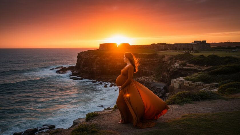 An ethereal and elegant HMAS Cerberus maternity photoshoot experience, featuring a glowing pregnant woman in a flowing gown against the dramatic coastal cliffs and historic structures of the naval base at sunset, showcasing an epic and emotional silhouette.