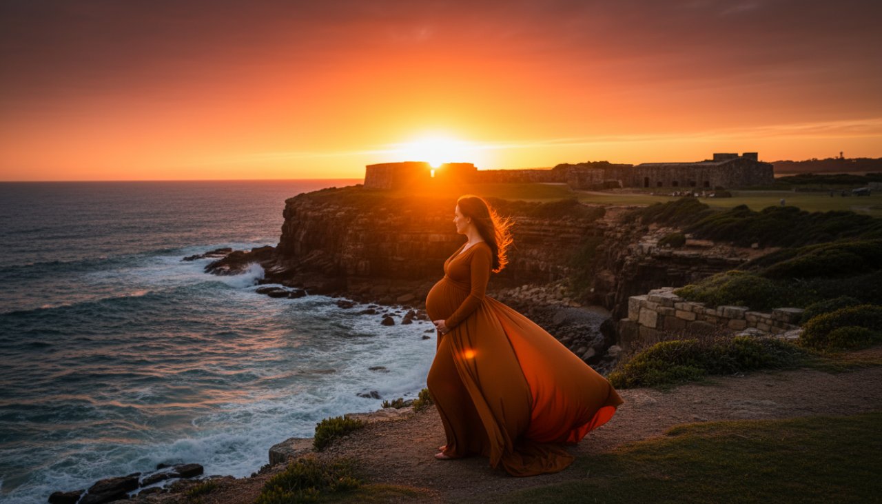 An ethereal and elegant HMAS Cerberus maternity photoshoot experience, featuring a glowing pregnant woman in a flowing gown against the dramatic coastal cliffs and historic structures of the naval base at sunset, showcasing an epic and emotional silhouette.
