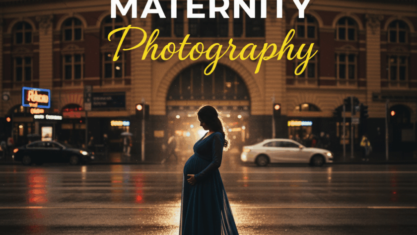 A pregnant woman in a flowing dress silhouetted against a moody Melbourne city street at dusk, capturing the essence of elegant maternity photo shoots Melbourne in a dramatic street photography style.