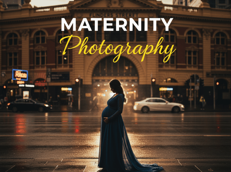 A pregnant woman in a flowing dress silhouetted against a moody Melbourne city street at dusk, capturing the essence of elegant maternity photo shoots Melbourne in a dramatic street photography style.
