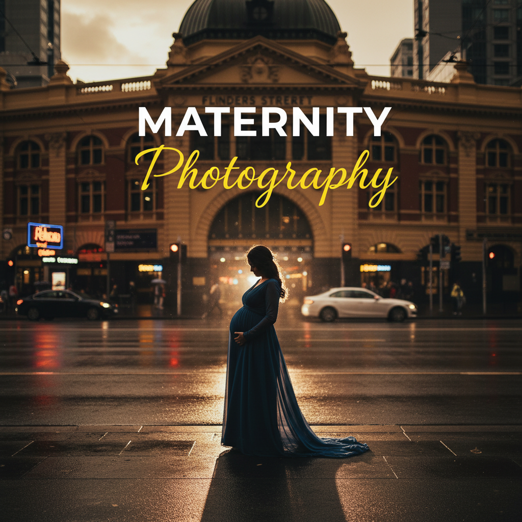 A pregnant woman in a flowing dress silhouetted against a moody Melbourne city street at dusk, capturing the essence of elegant maternity photo shoots Melbourne in a dramatic street photography style.