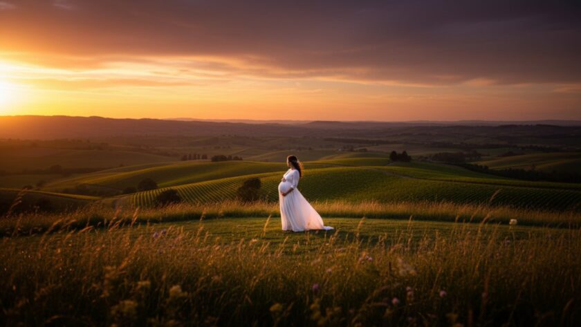 A glowing pregnant woman, in a flowing pastel gown, stands silhouetted against a dramatic sunset over rolling hills in Launching, Victoria, embodying elegant outdoor maternity photography Launching Victoria, with soft golden light highlighting her baby bump and a peaceful, expectant expression.