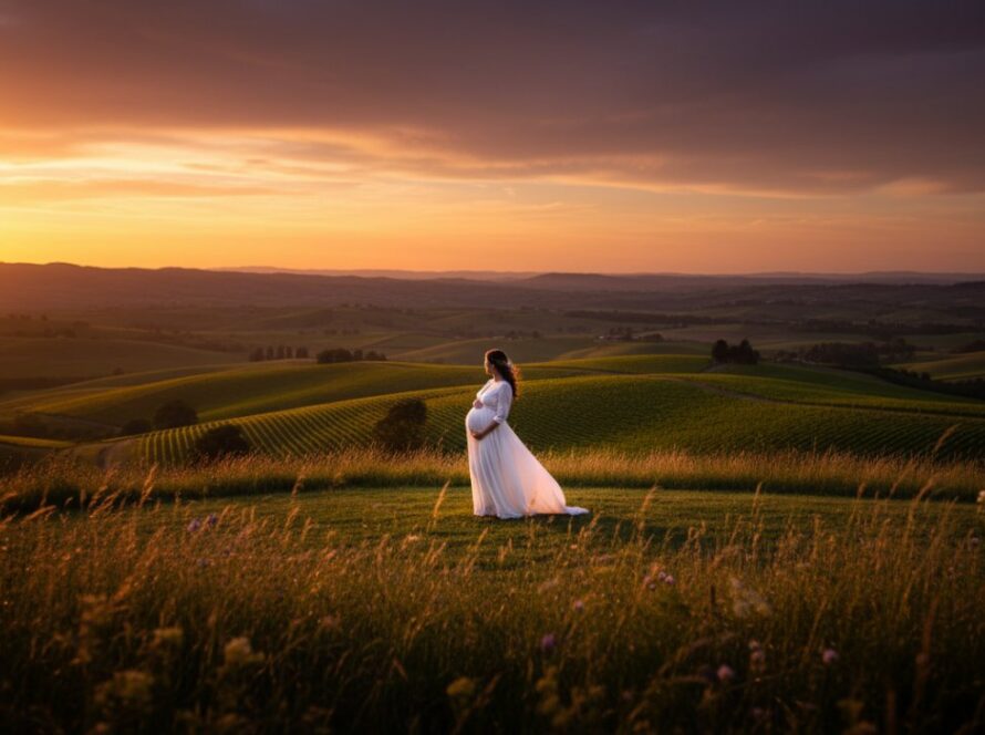 A glowing pregnant woman, in a flowing pastel gown, stands silhouetted against a dramatic sunset over rolling hills in Launching, Victoria, embodying elegant outdoor maternity photography Launching Victoria, with soft golden light highlighting her baby bump and a peaceful, expectant expression.
