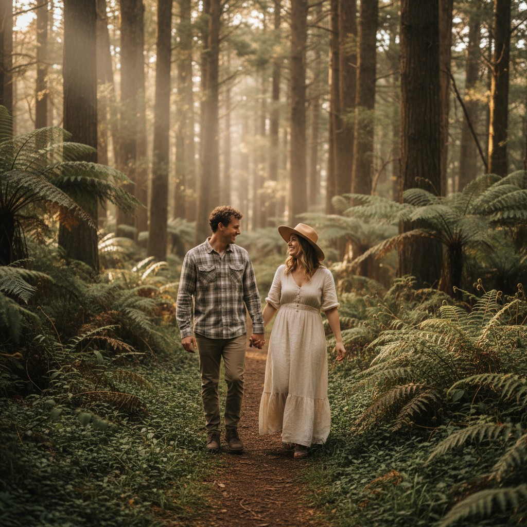 A couple walking hand-in-hand through a sun-dappled, fern-filled forest in the Dandenong Ranges, capturing a natural, candid moment of connection. Soft focus on the lush greenery and tall trees, evoking a serene and romantic atmosphere.