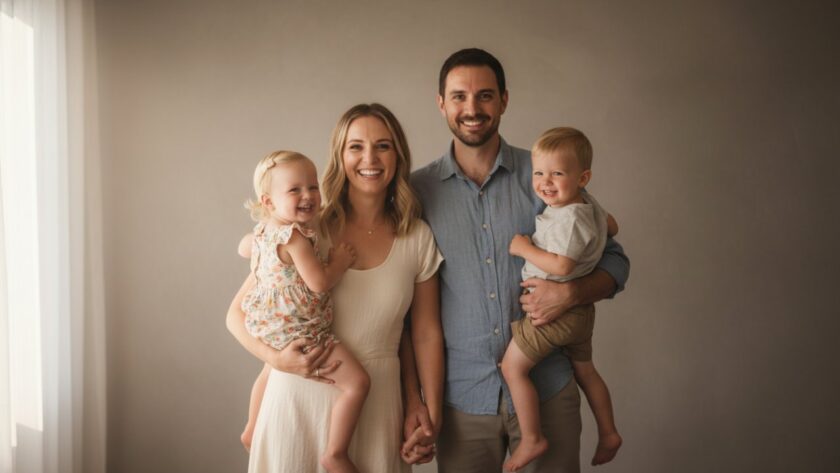 An elegant studio portrait photography Chum Creek Victoria epic moment, featuring a family laughing genuinely in a beautifully lit, modern studio setting, natural light streaming through a large window, warm tones.
