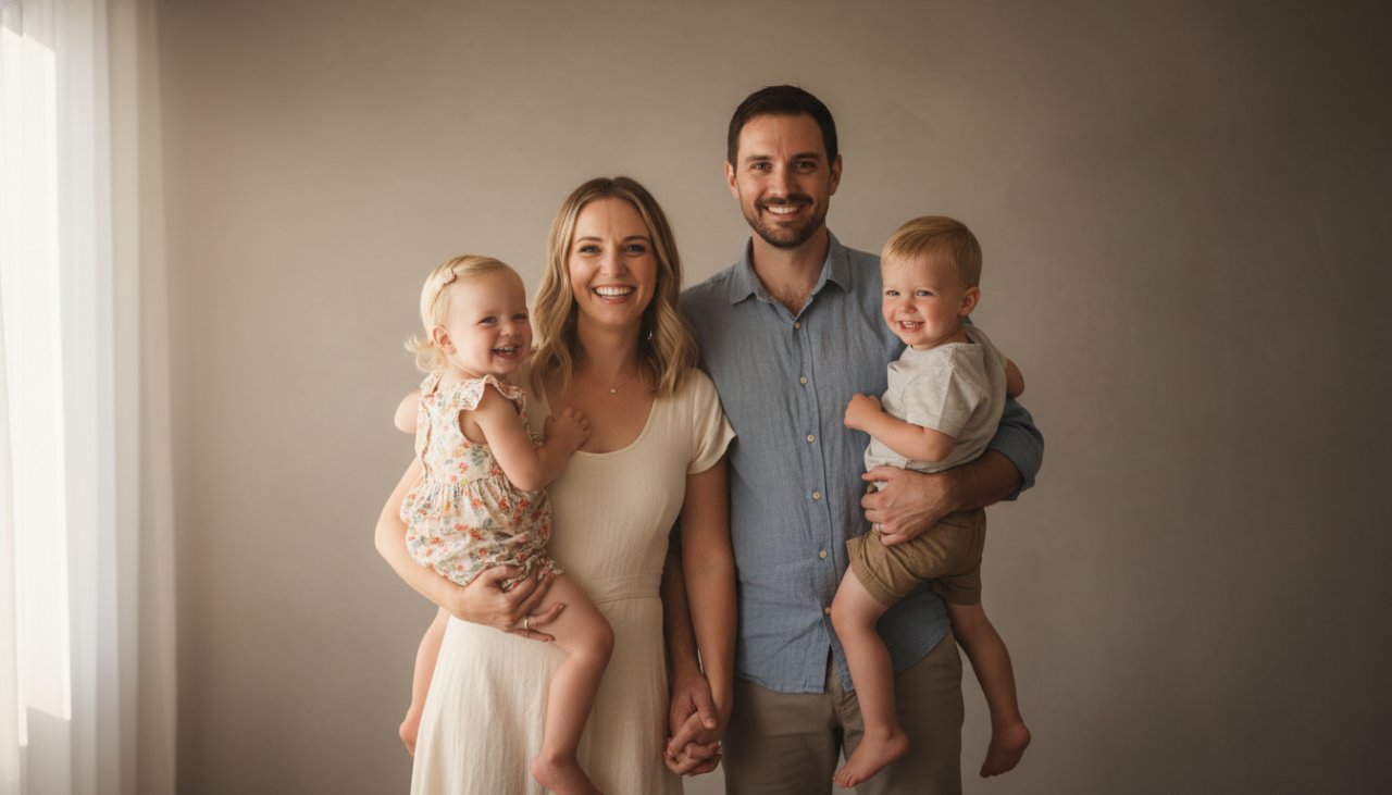An elegant studio portrait photography Chum Creek Victoria epic moment, featuring a family laughing genuinely in a beautifully lit, modern studio setting, natural light streaming through a large window, warm tones.