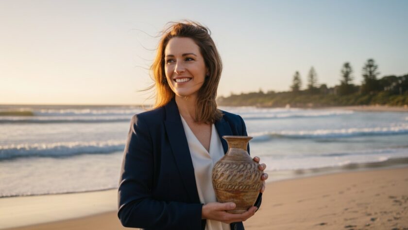 An inspiring 'epic moment' style photograph showcasing a local Balnarring Beach small business owner proudly presenting their handcrafted artisanal product, illuminated by the golden hour light of a Balnarring Beach sunset, with the stunning coastal landscape subtly blurred in the background, designed to Elevate your Balnarring Beach business with commercial photography.