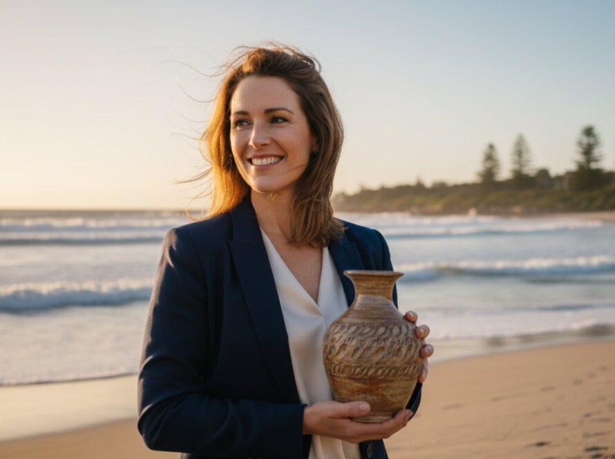 An inspiring 'epic moment' style photograph showcasing a local Balnarring Beach small business owner proudly presenting their handcrafted artisanal product, illuminated by the golden hour light of a Balnarring Beach sunset, with the stunning coastal landscape subtly blurred in the background, designed to Elevate your Balnarring Beach business with commercial photography.