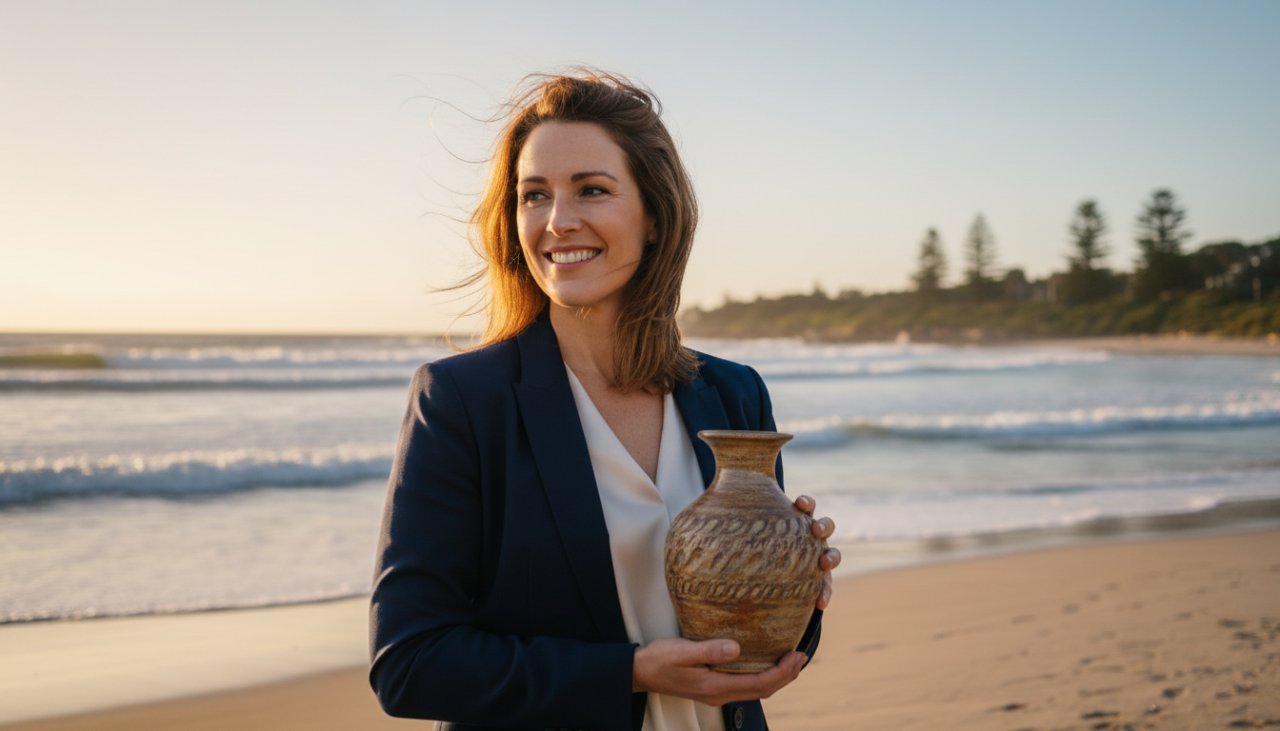 An inspiring 'epic moment' style photograph showcasing a local Balnarring Beach small business owner proudly presenting their handcrafted artisanal product, illuminated by the golden hour light of a Balnarring Beach sunset, with the stunning coastal landscape subtly blurred in the background, designed to Elevate your Balnarring Beach business with commercial photography.