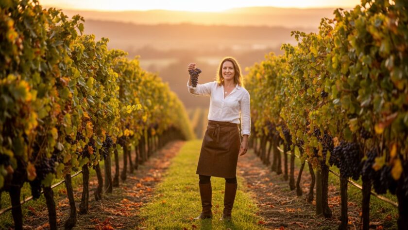 Dynamic portrait of a Yering winemaker amidst grapevines at sunset, showcasing their passion and brand, expertly captured through elevate brand story Yering Valley photography.