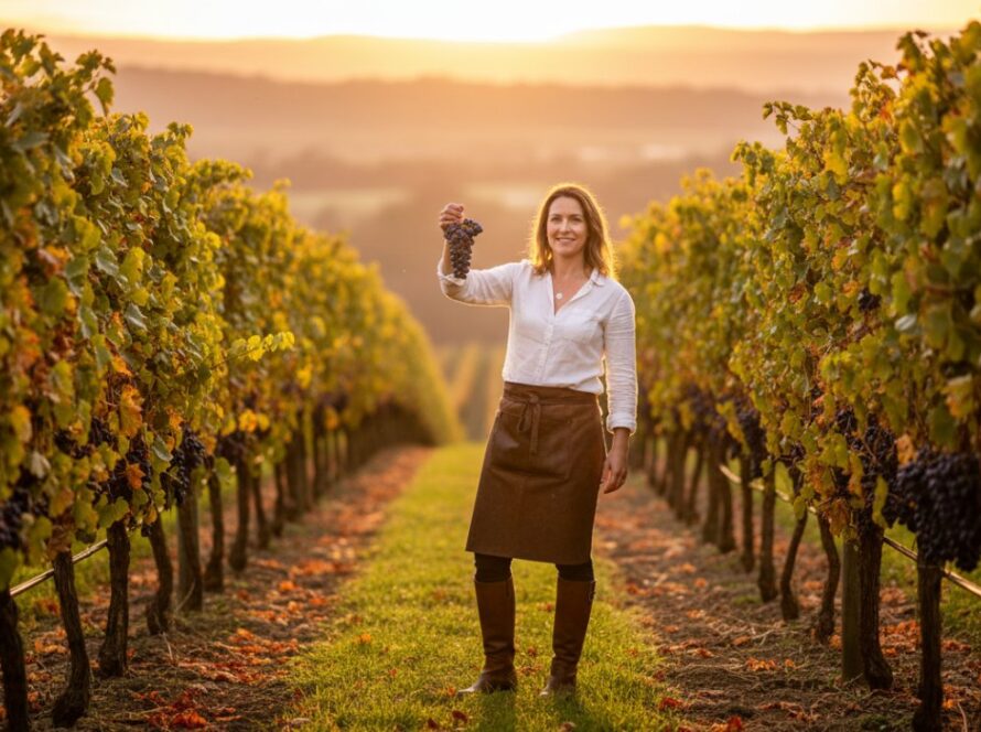 Dynamic portrait of a Yering winemaker amidst grapevines at sunset, showcasing their passion and brand, expertly captured through elevate brand story Yering Valley photography.