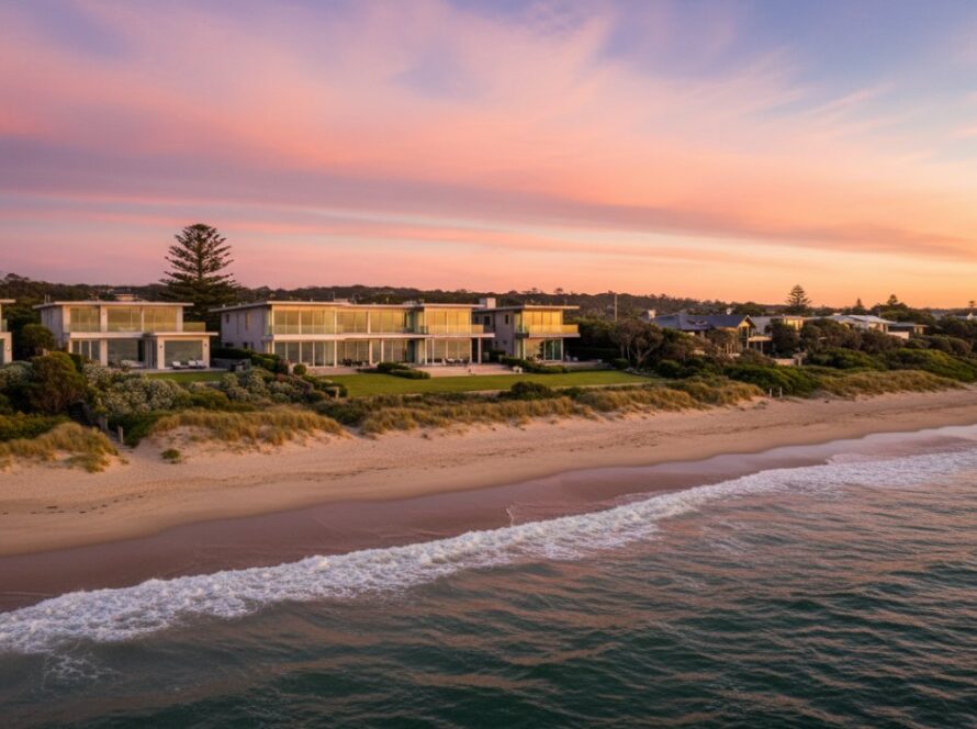 An aerial 'epic moment' view showcasing a luxurious Capel Sound property bathed in golden hour light, reflecting the high-quality results of professional services to elevate Capel Sound property photography.