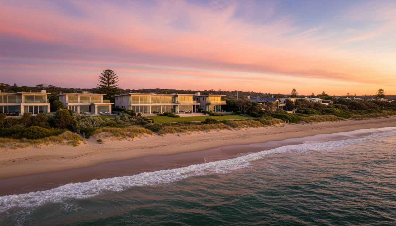 An aerial 'epic moment' view showcasing a luxurious Capel Sound property bathed in golden hour light, reflecting the high-quality results of professional services to elevate Capel Sound property photography.