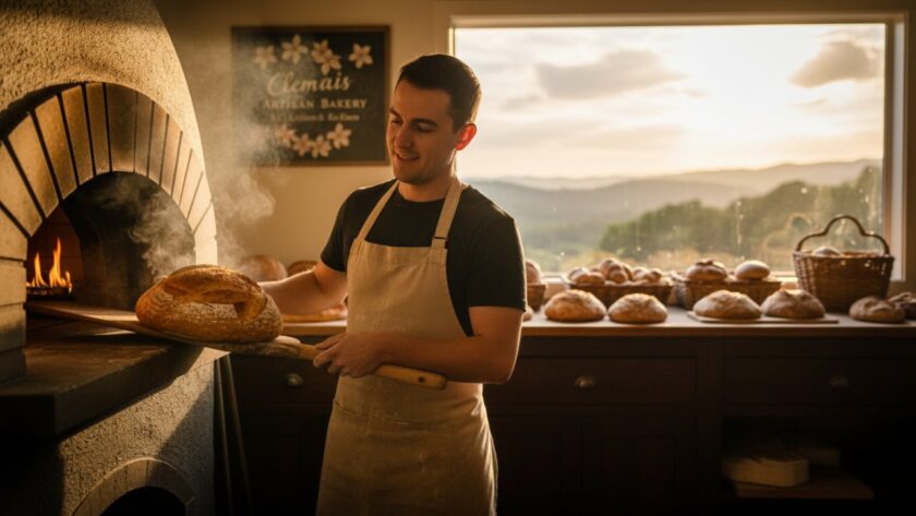 An epic, cinematic shot depicting a local artisanal baker in Clematis, Victoria, proudly presenting a beautifully crafted sourdough loaf under warm, directional morning light, embodying the essence of quality and local business success. This image is designed to elevate Clematis local businesses with expert commercial photography.