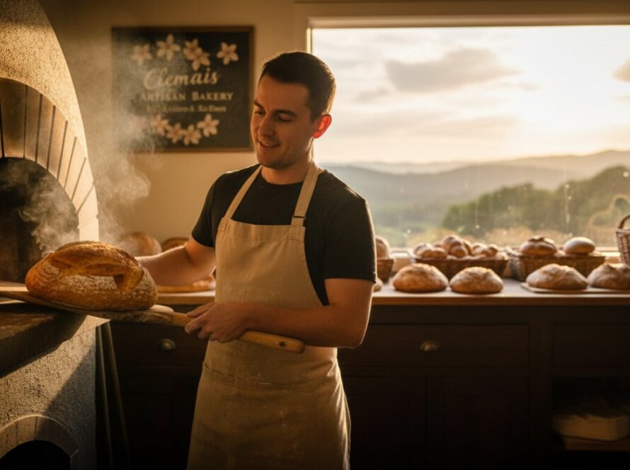 An epic, cinematic shot depicting a local artisanal baker in Clematis, Victoria, proudly presenting a beautifully crafted sourdough loaf under warm, directional morning light, embodying the essence of quality and local business success. This image is designed to elevate Clematis local businesses with expert commercial photography.