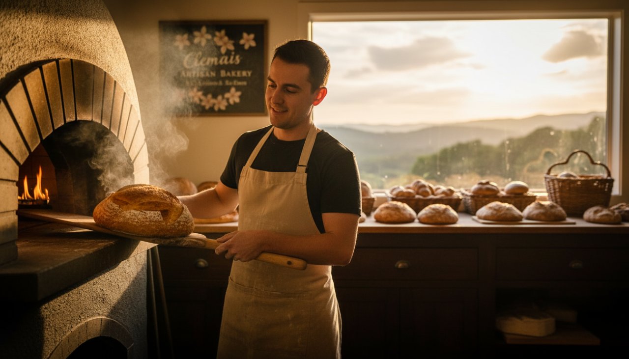 An epic, cinematic shot depicting a local artisanal baker in Clematis, Victoria, proudly presenting a beautifully crafted sourdough loaf under warm, directional morning light, embodying the essence of quality and local business success. This image is designed to elevate Clematis local businesses with expert commercial photography.