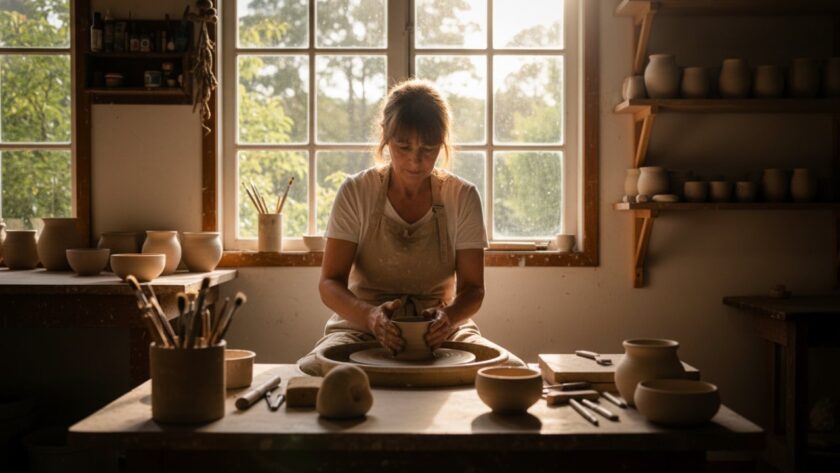 An epic moment captured in Clematis, showcasing a passionate artisan meticulously crafting their product amidst the natural light of their workshop, embodying the essence of Elevate Clematis small business branding photography.