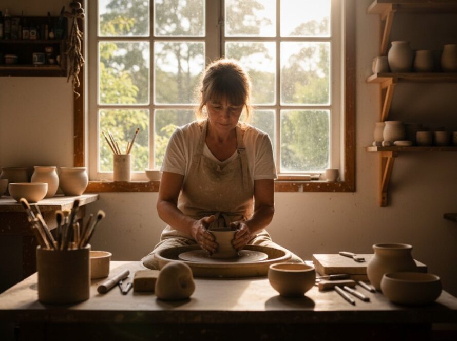 An epic moment captured in Clematis, showcasing a passionate artisan meticulously crafting their product amidst the natural light of their workshop, embodying the essence of Elevate Clematis small business branding photography.