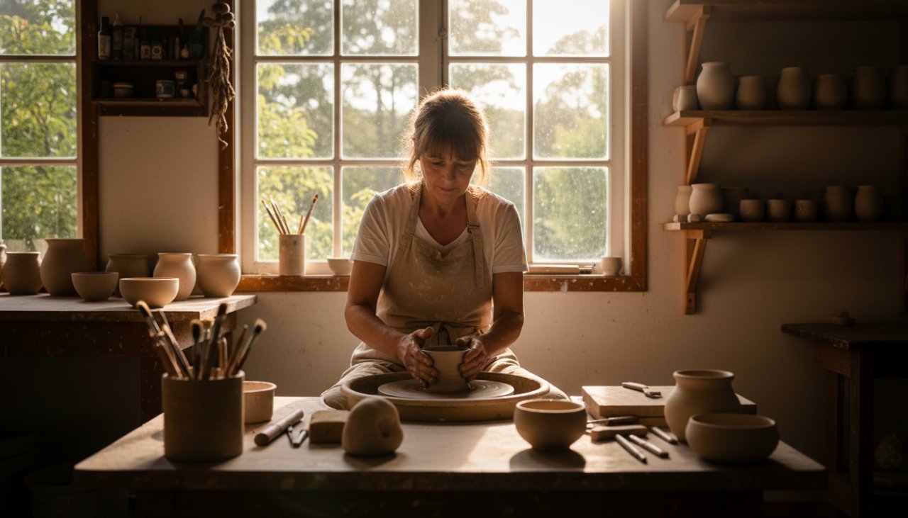 An epic moment captured in Clematis, showcasing a passionate artisan meticulously crafting their product amidst the natural light of their workshop, embodying the essence of Elevate Clematis small business branding photography.