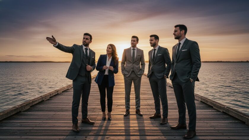 An epic moment capture of a diverse team of professionals in modern corporate attire collaborating dynamically on a waterfront pier in Crib Point, Victoria, with Western Port Bay and the iconic Crib Point jetty in the background at sunset, bathed in golden hour light, reflecting success and forward-thinking collaboration. The image showcases professional corporate photography for brand success.