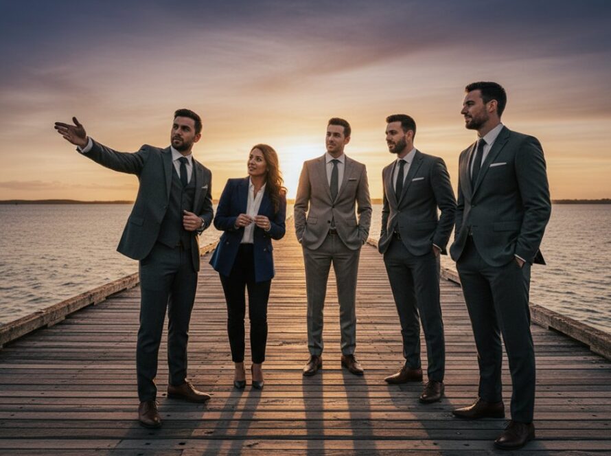 An epic moment capture of a diverse team of professionals in modern corporate attire collaborating dynamically on a waterfront pier in Crib Point, Victoria, with Western Port Bay and the iconic Crib Point jetty in the background at sunset, bathed in golden hour light, reflecting success and forward-thinking collaboration. The image showcases professional corporate photography for brand success.