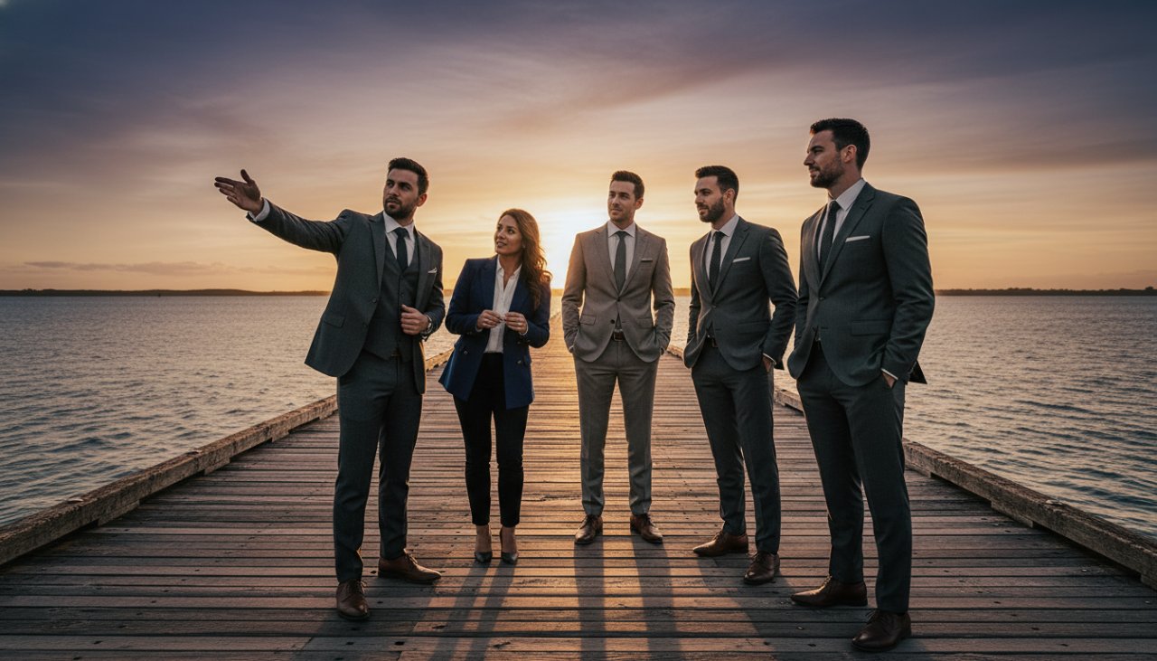An epic moment capture of a diverse team of professionals in modern corporate attire collaborating dynamically on a waterfront pier in Crib Point, Victoria, with Western Port Bay and the iconic Crib Point jetty in the background at sunset, bathed in golden hour light, reflecting success and forward-thinking collaboration. The image showcases professional corporate photography for brand success.