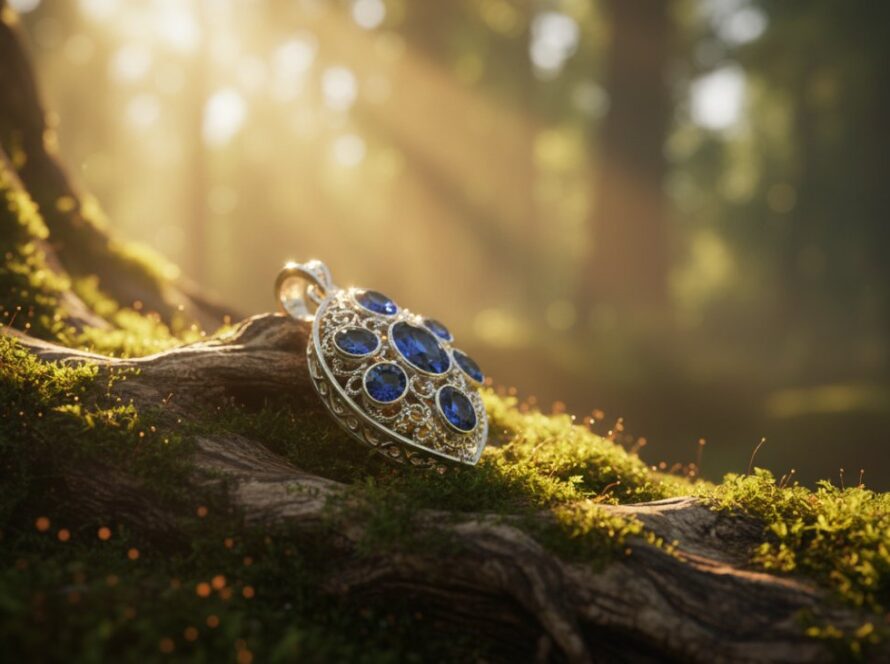 An exquisite close-up of a handcrafted silver pendant, showcasing its intricate details, captured with dramatic lighting amidst the lush Kallista botanical gardens, illustrating the pinnacle of Elevate Kallista handcrafted jewellery product photography Victoria.