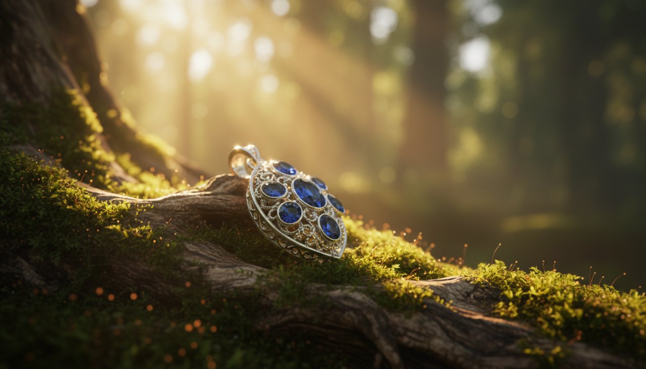 An exquisite close-up of a handcrafted silver pendant, showcasing its intricate details, captured with dramatic lighting amidst the lush Kallista botanical gardens, illustrating the pinnacle of Elevate Kallista handcrafted jewellery product photography Victoria.