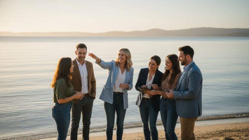 An inspiring wide-shot photograph of a diverse business team, professionally posed on the Rosebud foreshore with the calm waters of Port Phillip Bay and the vibrant morning light, demonstrating how to elevate Rosebud corporate profiles photography.