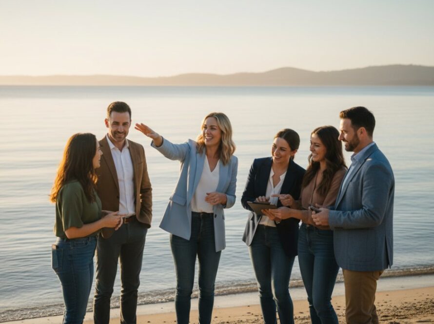 An inspiring wide-shot photograph of a diverse business team, professionally posed on the Rosebud foreshore with the calm waters of Port Phillip Bay and the vibrant morning light, demonstrating how to elevate Rosebud corporate profiles photography.