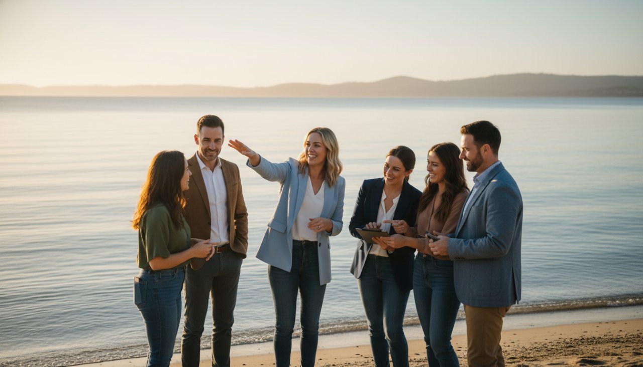 An inspiring wide-shot photograph of a diverse business team, professionally posed on the Rosebud foreshore with the calm waters of Port Phillip Bay and the vibrant morning light, demonstrating how to elevate Rosebud corporate profiles photography.