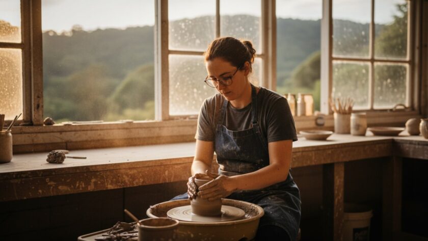 Dramatic wide-angle shot of a local artisanal bakery owner in Sherbrooke, Victoria, proudly presenting a beautifully crafted cake in a warmly lit, rustic setting, symbolizing how a professional elevate Sherbrooke business visuals commercial photographer captures the essence of local commerce.