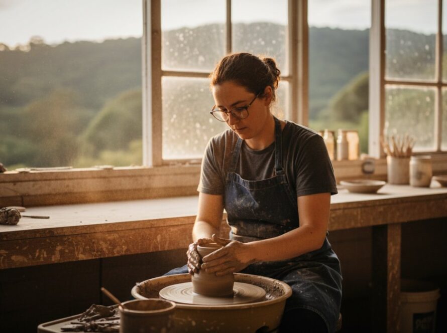 Dramatic wide-angle shot of a local artisanal bakery owner in Sherbrooke, Victoria, proudly presenting a beautifully crafted cake in a warmly lit, rustic setting, symbolizing how a professional elevate Sherbrooke business visuals commercial photographer captures the essence of local commerce.