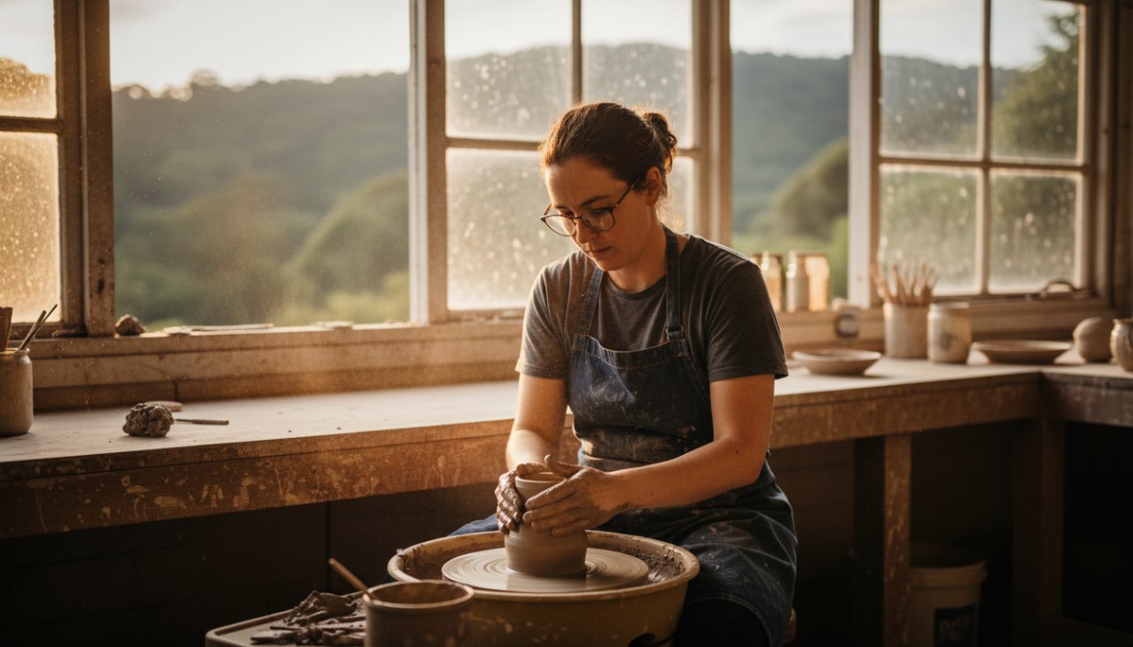 Dramatic wide-angle shot of a local artisanal bakery owner in Sherbrooke, Victoria, proudly presenting a beautifully crafted cake in a warmly lit, rustic setting, symbolizing how a professional elevate Sherbrooke business visuals commercial photographer captures the essence of local commerce.