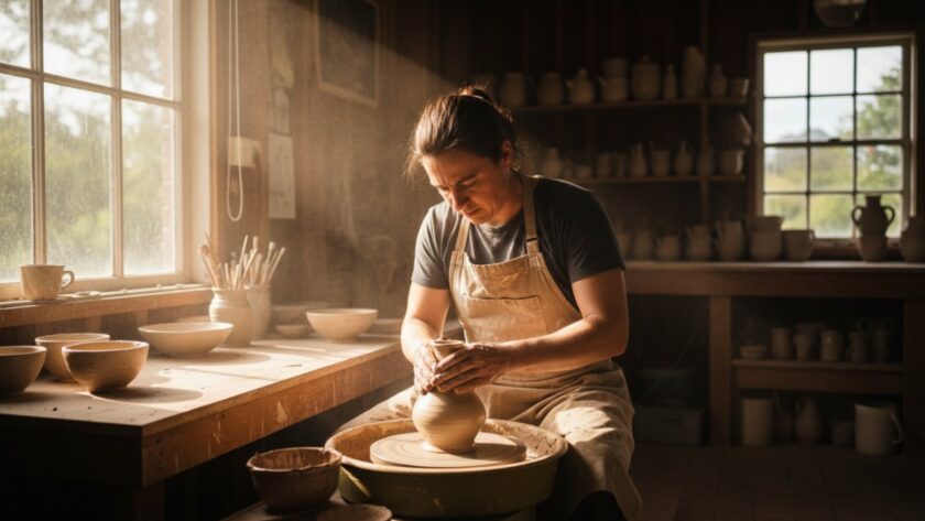A vibrant, emotionally resonant 'epic moment' photograph showcasing a local Wandin East business owner proudly presenting their handcrafted product in a rustic, beautifully lit workshop, perfectly embodying the spirit of Elevate Wandin East Business with Expert Commercial Photography.