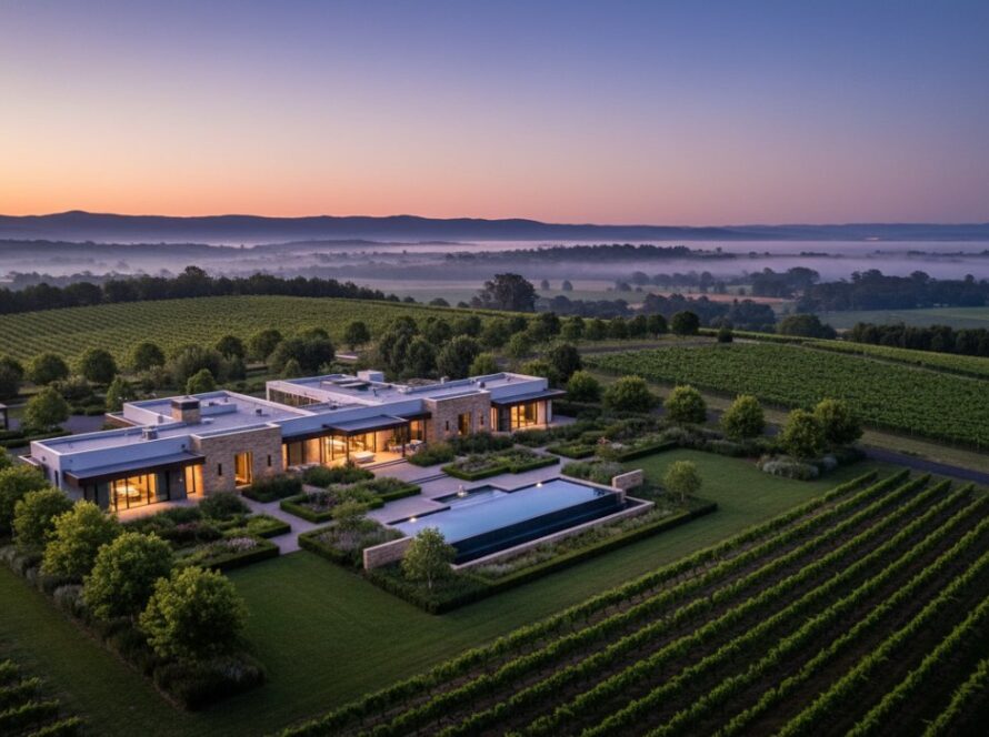 An aerial twilight shot showcasing a luxurious Yering vineyard estate, bathed in the golden hour glow, perfectly illustrating how to Elevate Yering Property Listings with Professional Real Estate Photography, highlighting architectural grandeur and expansive landscape.