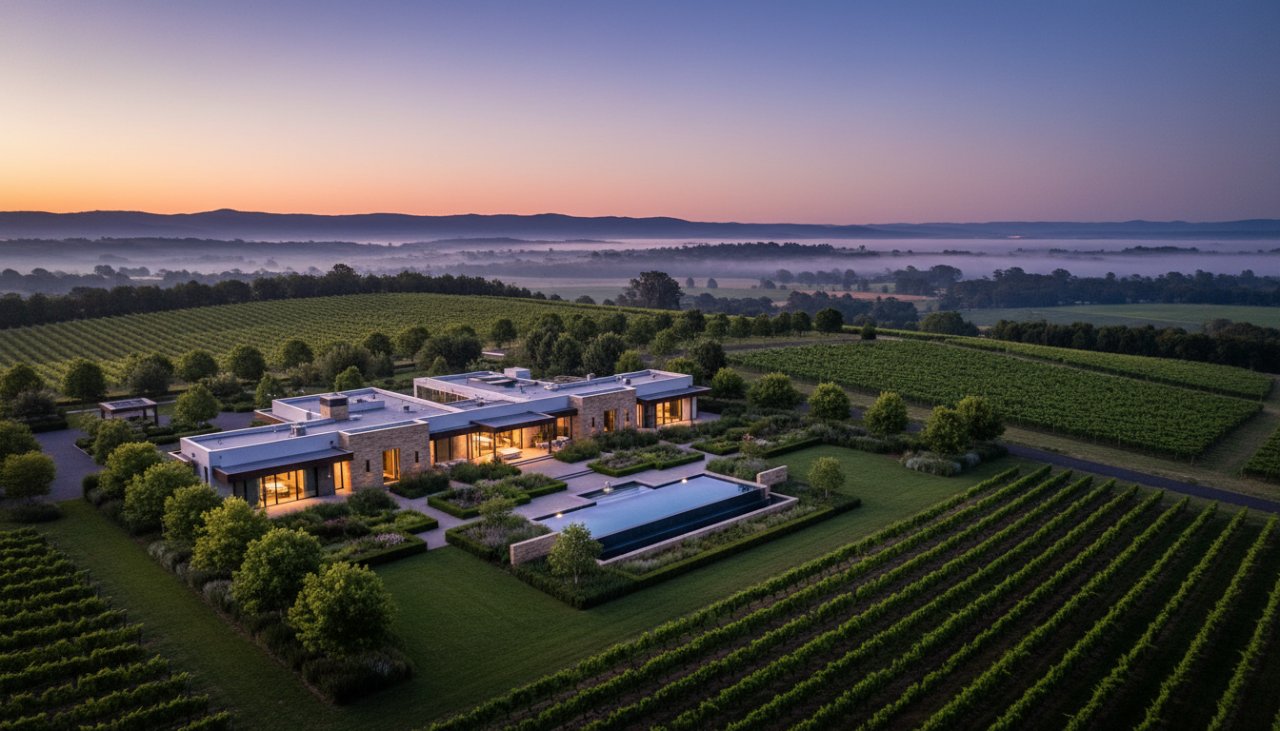 An aerial twilight shot showcasing a luxurious Yering vineyard estate, bathed in the golden hour glow, perfectly illustrating how to Elevate Yering Property Listings with Professional Real Estate Photography, highlighting architectural grandeur and expansive landscape.