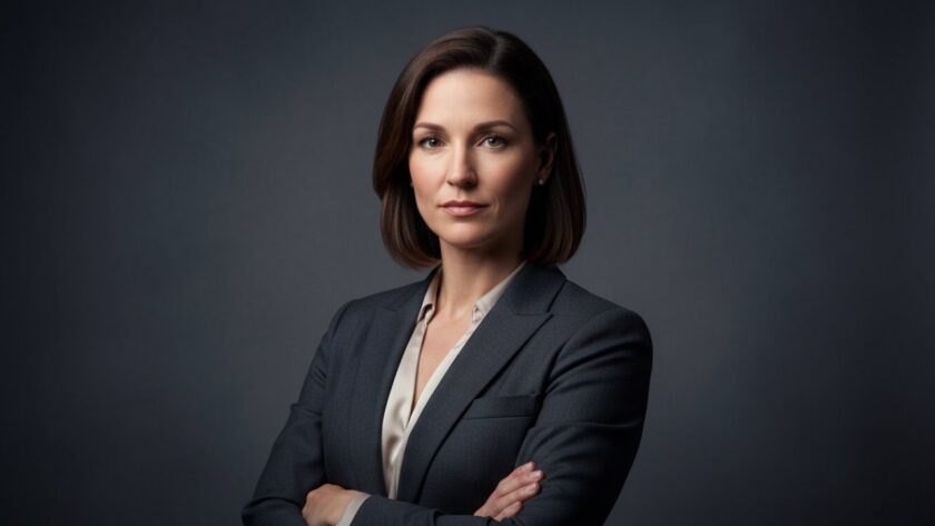 A powerful, cinematic shot of a business professional looking confidently at the camera, artfully lit in a modern studio. This image perfectly encapsulates the essence of elevating your brand with professional studio photography Seville East, showcasing refined ambition and expertise.