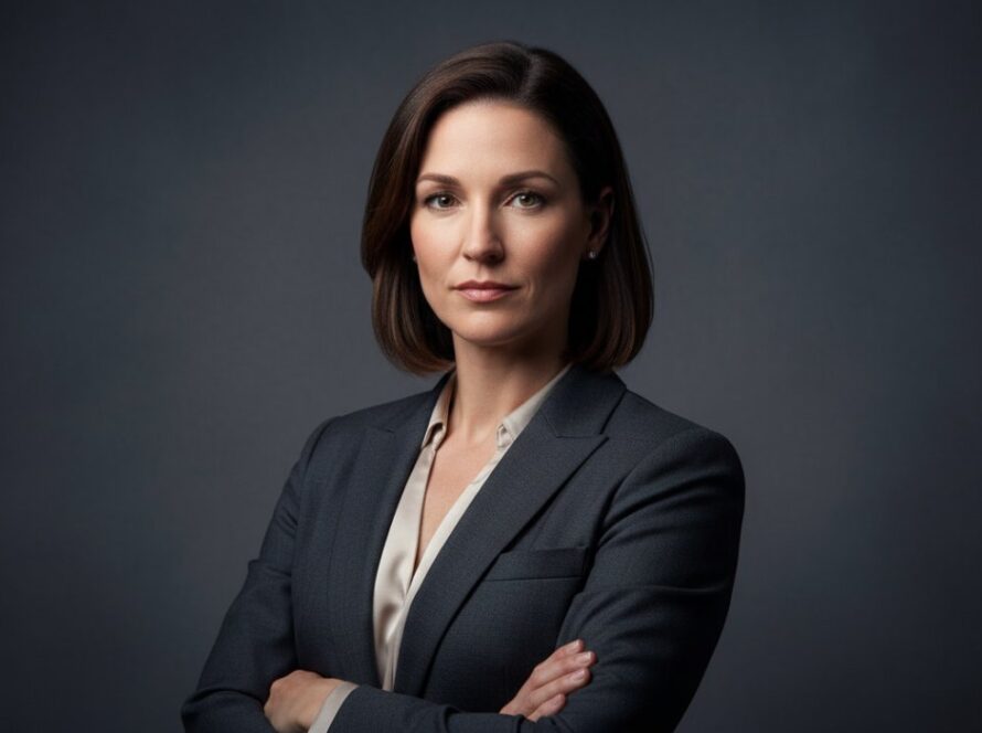 A powerful, cinematic shot of a business professional looking confidently at the camera, artfully lit in a modern studio. This image perfectly encapsulates the essence of elevating your brand with professional studio photography Seville East, showcasing refined ambition and expertise.