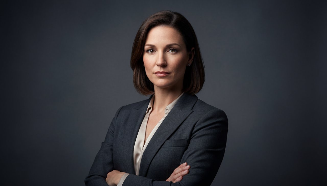 A powerful, cinematic shot of a business professional looking confidently at the camera, artfully lit in a modern studio. This image perfectly encapsulates the essence of elevating your brand with professional studio photography Seville East, showcasing refined ambition and expertise.