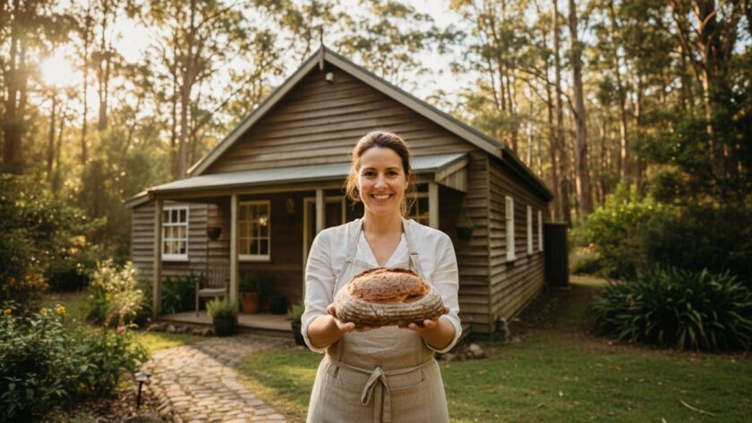 An inspiring wide-angle shot of a local artisanal baker proudly presenting their fresh, handcrafted sourdough loaves outside their rustic Toolangi cottage, framed by the lush Victorian forest at dawn, perfectly capturing the essence of their brand through professional photography to Elevate Your Brand in Toolangi Victoria.