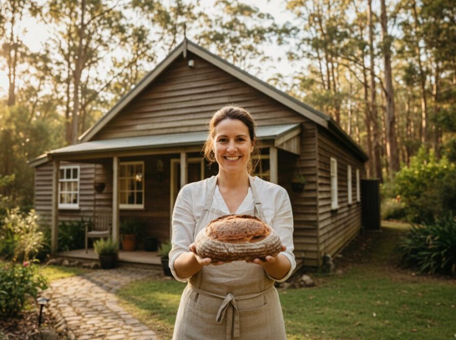 An inspiring wide-angle shot of a local artisanal baker proudly presenting their fresh, handcrafted sourdough loaves outside their rustic Toolangi cottage, framed by the lush Victorian forest at dawn, perfectly capturing the essence of their brand through professional photography to Elevate Your Brand in Toolangi Victoria.