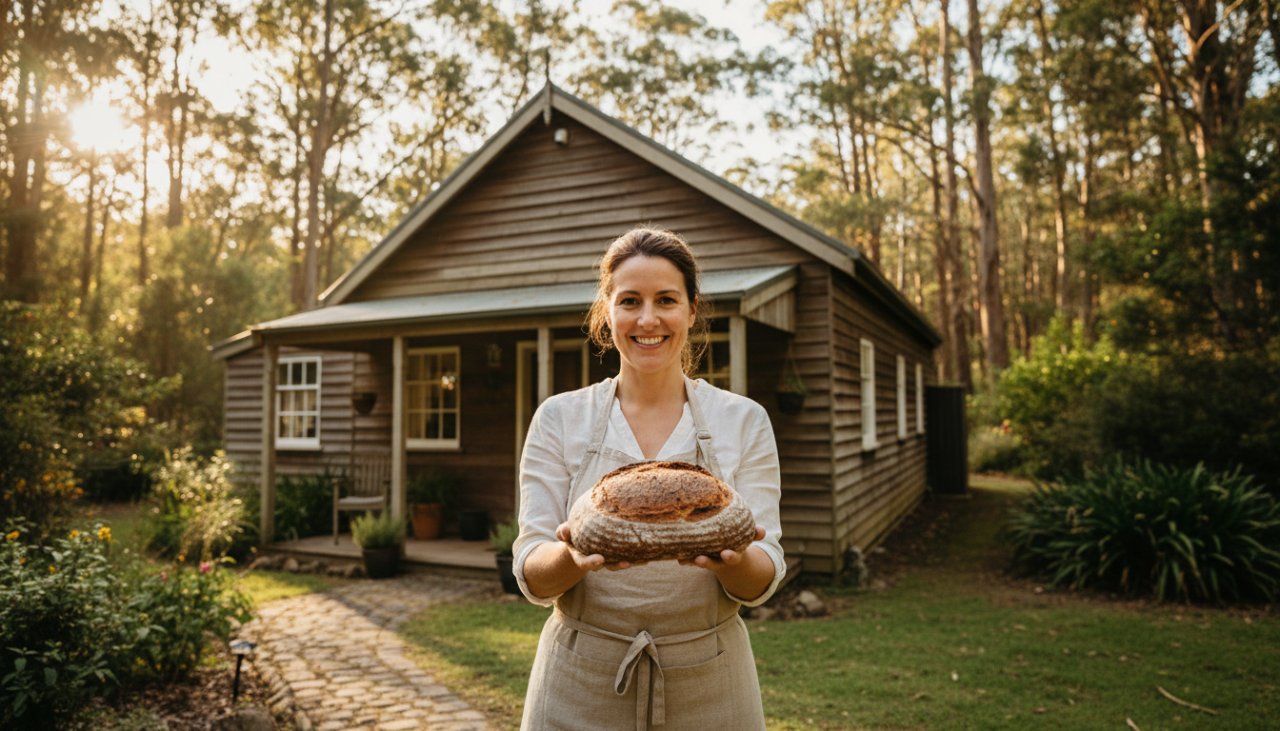 An inspiring wide-angle shot of a local artisanal baker proudly presenting their fresh, handcrafted sourdough loaves outside their rustic Toolangi cottage, framed by the lush Victorian forest at dawn, perfectly capturing the essence of their brand through professional photography to Elevate Your Brand in Toolangi Victoria.