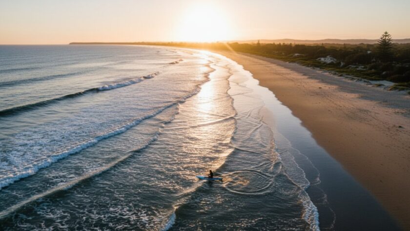 An epic drone shot capturing the serene beauty of Balnarring Beach at sunrise, with a lone surfer paddling out and vibrant hues reflecting off the wet sand, showcasing the elevated Balnarring Beach drone photography stunning views and the Mornington Peninsula's tranquil coastal charm.